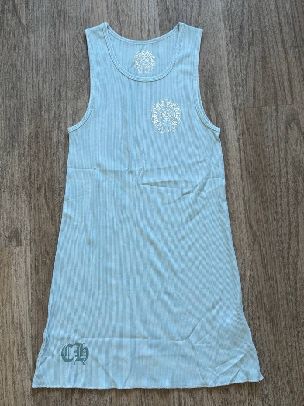 Please contact before Chrome Hearts Pale Blue Ribbed Tank Dress with White Logos